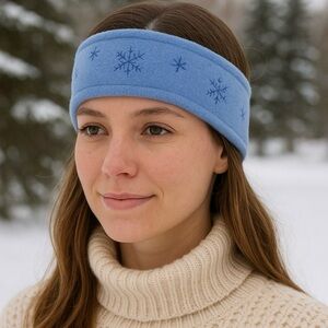 Vintage Turtle Fur Blue Soft Fleece Apres Ski Headband Snowflakes